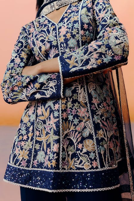 Shop Mishru Navy Organza, Georgette Embroidery Split V-neck Gina Kurta Set Online at Aza Fashions Shop_Mishru_Navy Organza, Georgette Embroidery Split V-neck Gina Kurta Set _Online_at_Aza_Fashions