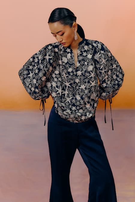 Mishru Navy Silk, Satin Embroidery Collared Blue Designer Yuan Top Set Online at Aza Fashions Mishru_Navy Silk, Satin Embroidery Collared Blue Designer Yuan Top Set _Online_at_Aza_Fashions