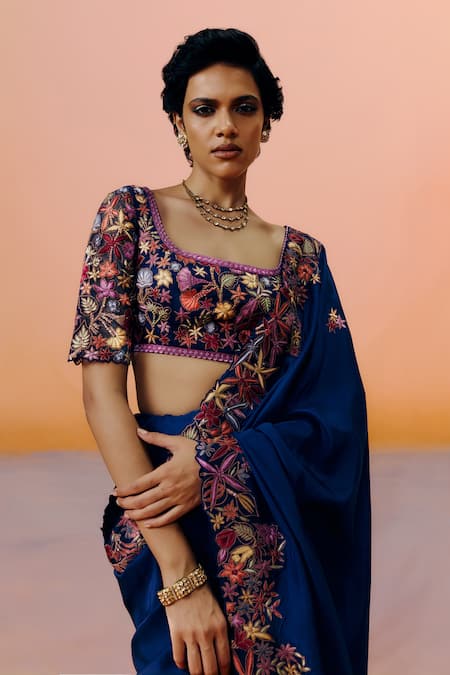 Mishru_Navy Silk Embroidery Square Neck Vida Blue Saree Set _Online_at_Aza_Fashions