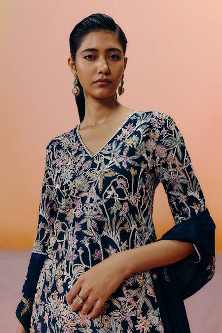 Mishru Navy Organza, Chiffon Embroidery V-neck Caradonna Kurta Sharara Set Online at Aza Fashions Mishru_Navy Organza, Chiffon Embroidery V-neck Caradonna Kurta Sharara Set _Online_at_Aza_Fashions