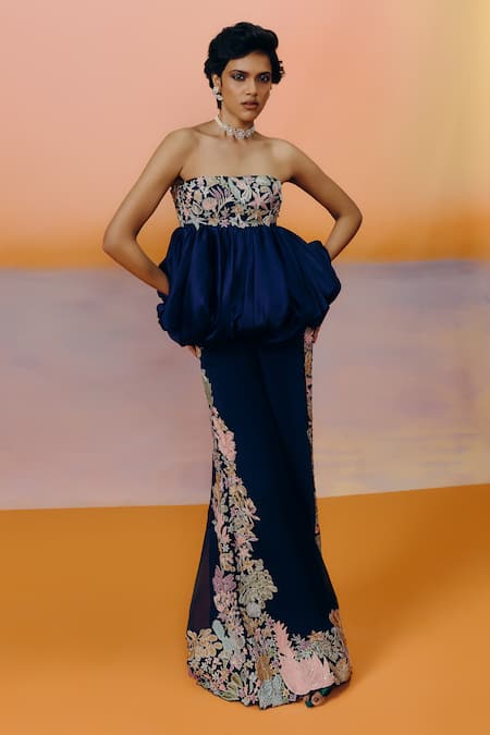 Mishru Navy Blue Embroidered Peplum Top & Pant Set 