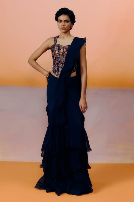 Mishru Nica Designer Navy Blue Saree Set 
