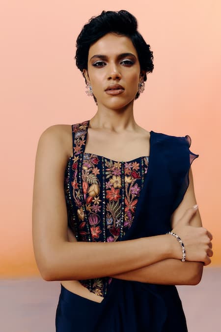 Mishru Nica Designer Navy Blue Saree Set 