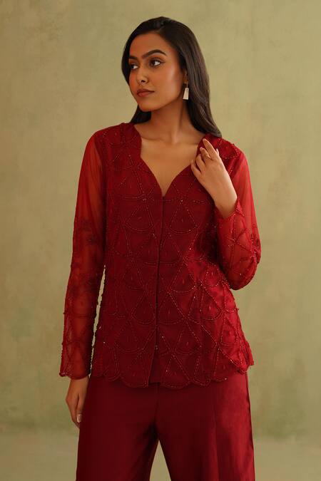 Midori By Sgv_Red Net, Silk, Chanderi Embroidery, Crystals Plunge Cherry Designer Pant Set _Online_at_Aza_Fashions