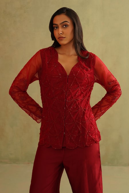 Midori By Sgv Cherry Red Designer Pant Set 