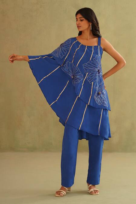 Midori By Sgv_Blue Crepe, Silk Sequins Round Neck Royal Designer Pant Set _Online_at_Aza_Fashions