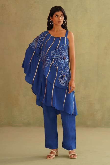 Midori By Sgv Blue Crepe, Silk Sequins Round Neck Royal Designer Pant Set 