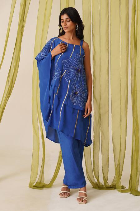 Buy_Midori By Sgv_Blue Crepe, Silk Sequins Round Neck Royal Designer Pant Set _Online_at_Aza_Fashions