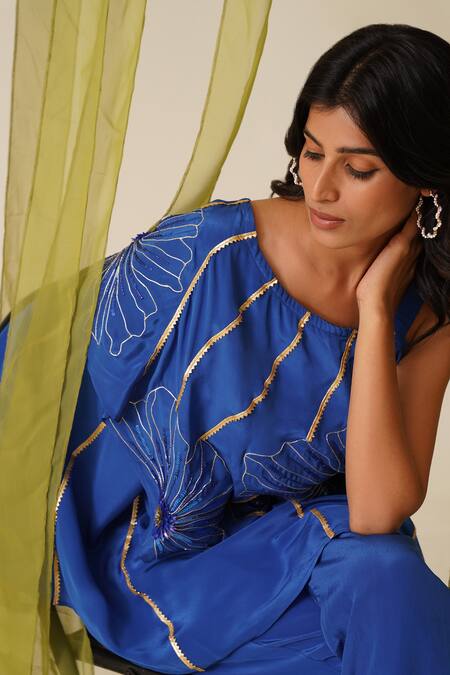Shop_Midori By Sgv_Blue Crepe, Silk Sequins Round Neck Royal Designer Pant Set _Online_at_Aza_Fashions