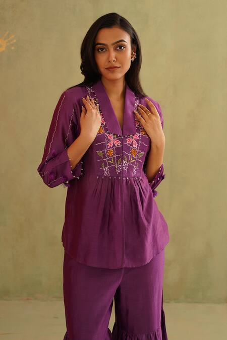 Midori By Sgv_Purple Cotton, Silk, Chanderi Embroidery, Sequins V-neck Hand Pant Set _Online_at_Aza_Fashions