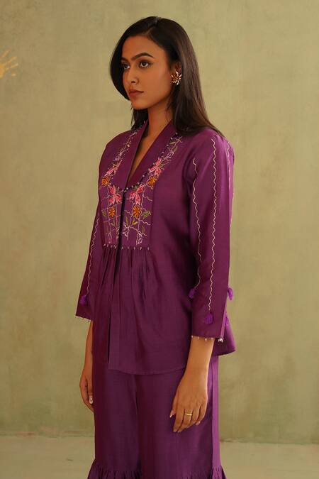 Buy_Midori By Sgv_Purple Cotton, Silk, Chanderi Embroidery, Sequins V-neck Hand Pant Set _Online_at_Aza_Fashions