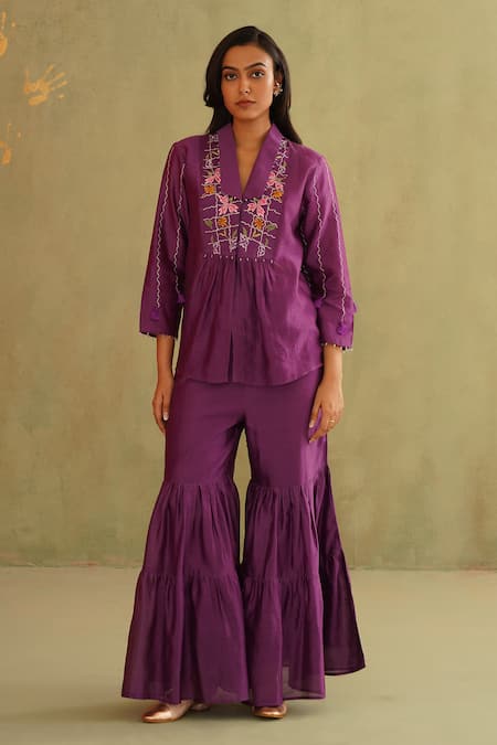 Midori By Sgv Purple Cotton, Silk, Chanderi Embroidery, Sequins V-neck Hand Pant Set 
