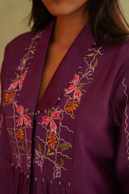 Shop_Midori By Sgv_Purple Cotton, Silk, Chanderi Embroidery, Sequins V-neck Hand Pant Set _Online_at_Aza_Fashions