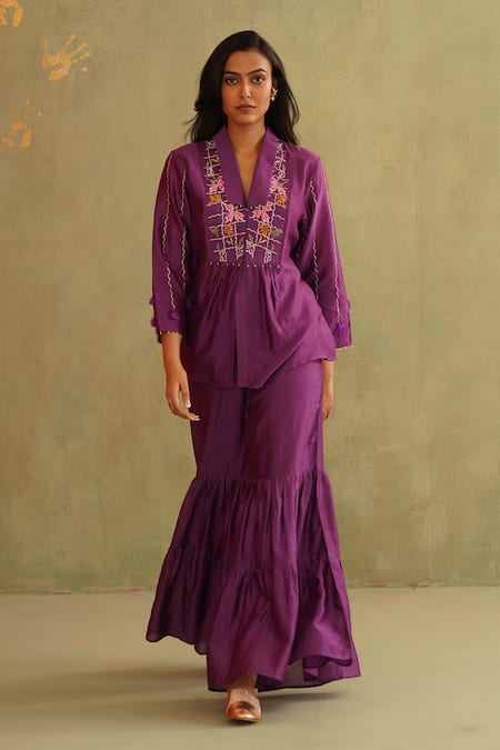 Midori By Sgv Purple Hand Embroidered Pant Set 