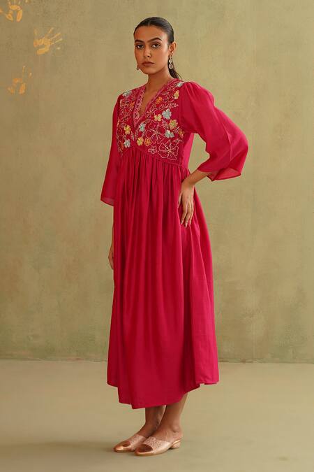 Midori By Sgv_Pink Cotton, Silk, Chanderi Sequins V-neck Hot Hand Embroidered Dress _Online_at_Aza_Fashions