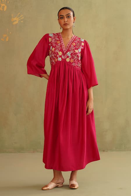 Midori By Sgv Pink Cotton, Silk, Chanderi Sequins V-neck Hot Hand Embroidered Dress 