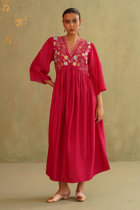 Buy_Midori By Sgv_Pink Cotton, Silk, Chanderi Sequins V-neck Hot Hand Embroidered Dress _Online_at_Aza_Fashions