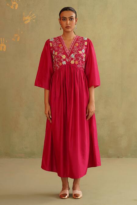 Shop_Midori By Sgv_Pink Cotton, Silk, Chanderi Sequins V-neck Hot Hand Embroidered Dress _Online_at_Aza_Fashions