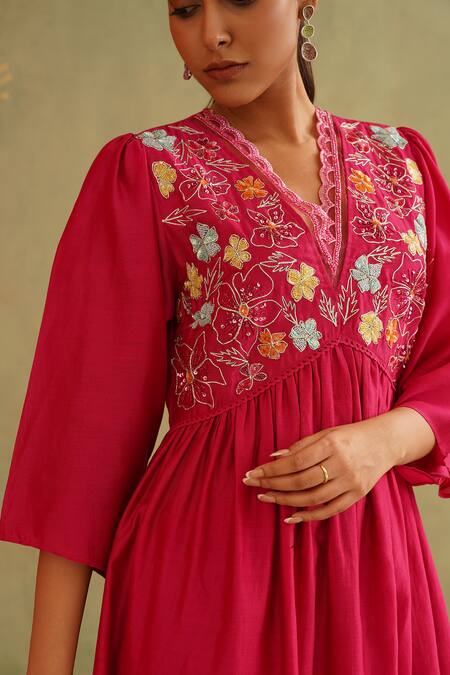 Midori By Sgv_Pink Cotton, Silk, Chanderi Sequins V-neck Hot Hand Embroidered Dress _at_Aza_Fashions