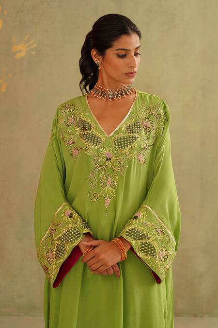 Shop_Midori By Sgv_Green Crepe, Silk Embroidery, Sequins V-neck Azra Designer Kaftan Set _Online_at_Aza_Fashions