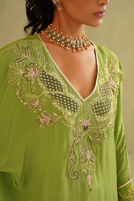 Midori By Sgv_Green Crepe, Silk Embroidery, Sequins V-neck Azra Designer Kaftan Set _at_Aza_Fashions