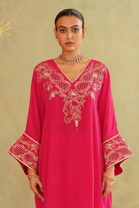 Buy_Midori By Sgv_Pink Crepe, Silk Sequins V-neck Hot Embroidered Kaftan Set _Online_at_Aza_Fashions
