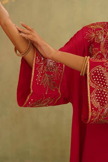 Shop_Midori By Sgv_Pink Crepe, Silk Sequins V-neck Hot Embroidered Kaftan Set _Online_at_Aza_Fashions