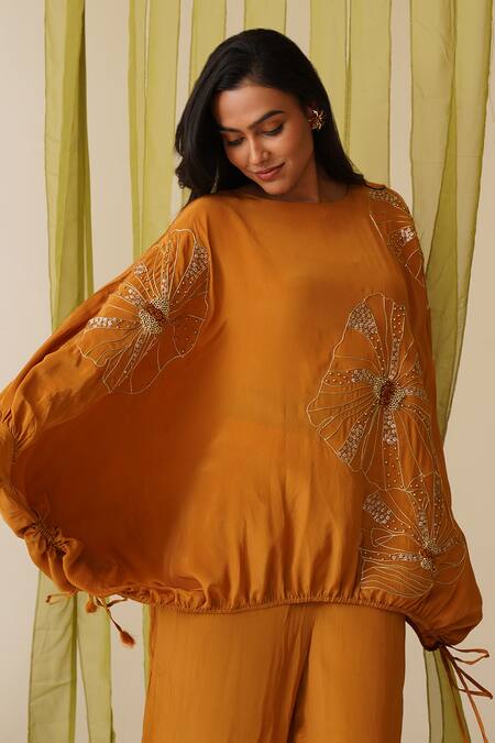 Buy_Midori By Sgv_Mustard Crepe, Silk Sequins Round Neck Orla Pant Set _Online_at_Aza_Fashions