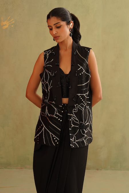 Midori By Sgv_Black Cotton Sequins V-neck Hand Embroidered Jacket Set _at_Aza_Fashions