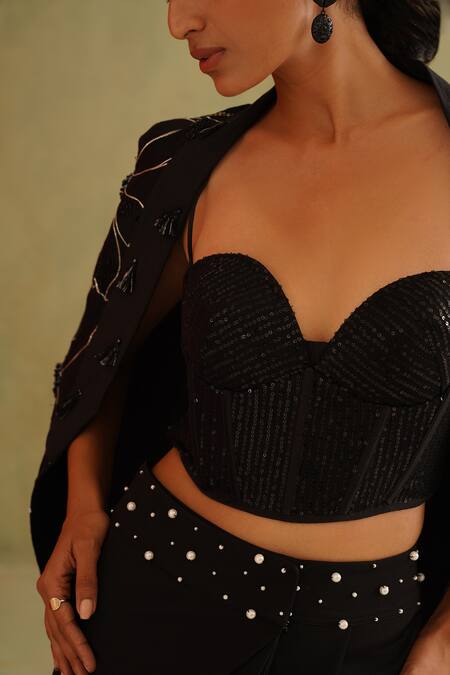 Buy_Midori By Sgv_Black Cotton Sequins V-neck Hand Embroidered Jacket Set 