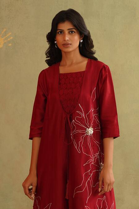 Midori By Sgv_Red Chanderi, Silk, Cotton Sequins, Cut Work Round Cherry Dress With Jacket _Online_at_Aza_Fashions