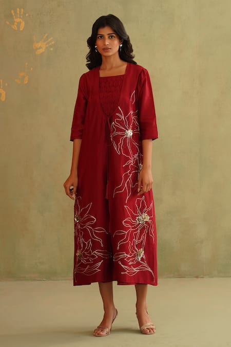 Midori By Sgv Red Chanderi, Silk, Cotton Sequins, Cut Work Round Cherry Dress With Jacket 