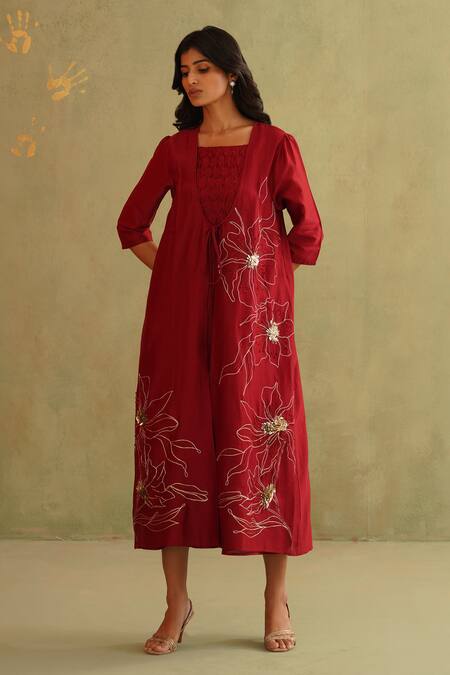 Buy_Midori By Sgv_Red Chanderi, Silk, Cotton Sequins, Cut Work Round Cherry Dress With Jacket _Online_at_Aza_Fashions