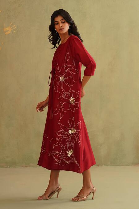 Shop_Midori By Sgv_Red Chanderi, Silk, Cotton Sequins, Cut Work Round Cherry Dress With Jacket _Online_at_Aza_Fashions