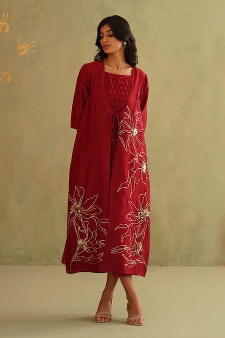 Midori By Sgv Cherry Red Chanderi Dress With Jacket 