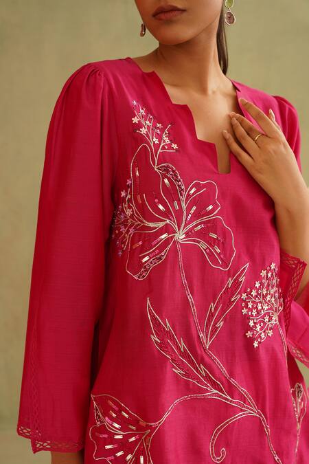 Midori By Sgv_Pink Cotton, Silk, Chanderi Sequins, Cut Work V-neck Stella Kurta Set _Online_at_Aza_Fashions