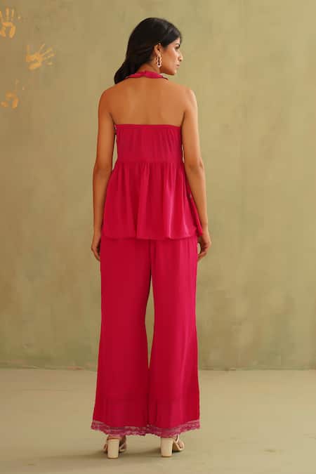 Midori By Sgv Hot Pink Hand Embroidered Pant Set 