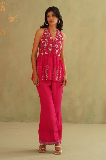Midori By Sgv_Pink Crepe, Silk Embroidery, Sequins V-neck Hot Hand Pant Set _Online_at_Aza_Fashions