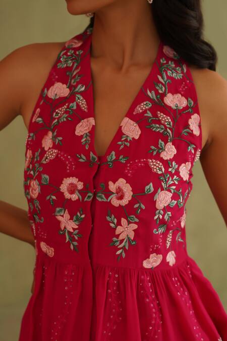 Buy_Midori By Sgv_Pink Crepe, Silk Embroidery, Sequins V-neck Hot Hand Pant Set _Online_at_Aza_Fashions