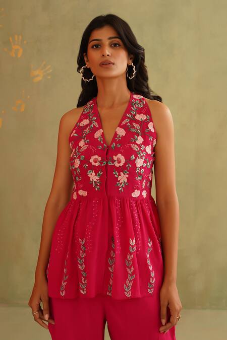 Shop_Midori By Sgv_Pink Crepe, Silk Embroidery, Sequins V-neck Hot Hand Pant Set _Online_at_Aza_Fashions