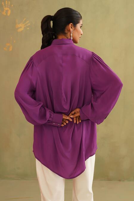 Midori By Sgv_Purple Crepe, Silk Sequins Collared Iris Hand Embroidered Shirt _Online_at_Aza_Fashions