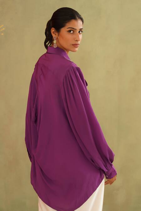 Buy_Midori By Sgv_Purple Crepe, Silk Sequins Collared Iris Hand Embroidered Shirt _Online_at_Aza_Fashions
