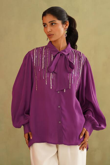 Shop_Midori By Sgv_Purple Crepe, Silk Sequins Collared Iris Hand Embroidered Shirt _Online_at_Aza_Fashions