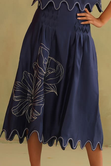 Midori By Sgv_Blue Cotton, Chanderi, Silk Embroidery, Sequins Round Midnight Hand Skirt Set _Online_at_Aza_Fashions