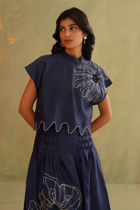 Buy_Midori By Sgv_Blue Cotton, Chanderi, Silk Embroidery, Sequins Round Midnight Hand Skirt Set _Online_at_Aza_Fashions