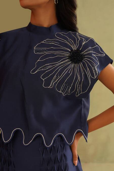 Shop_Midori By Sgv_Blue Cotton, Chanderi, Silk Embroidery, Sequins Round Midnight Hand Skirt Set _Online_at_Aza_Fashions