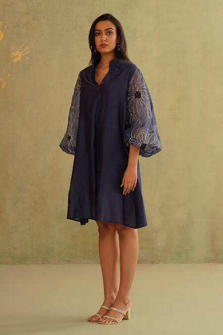 Midori By Sgv_Blue Cotton, Chanderi, Silk Sequins, Embroidery Midnight Briana Dress _Online_at_Aza_Fashions