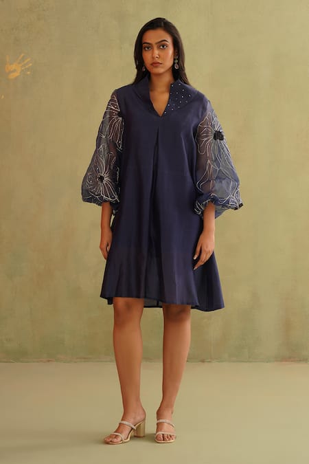 Midori By Sgv Blue Cotton, Chanderi, Silk Sequins, Embroidery Midnight Briana Dress 