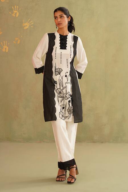 Buy_Midori By Sgv_Off White Cotton, Silk, Chanderi, Organza Sequins Round Neck Scalp Kurta Set _Online_at_Aza_Fashions