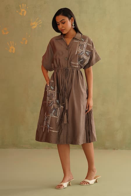 Midori By Sgv Gray Cotton, Silk, Chanderi Sequins Collared Designer Hand Embroidered Jun Dress 